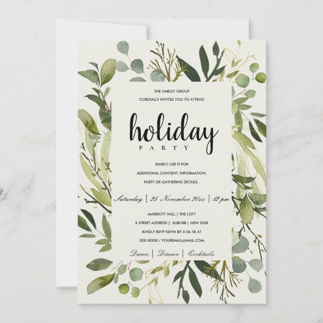 LEAFY FRAME GREEN GOLD CORPORATE HOLIDAY PARTY INVITATION (Front)