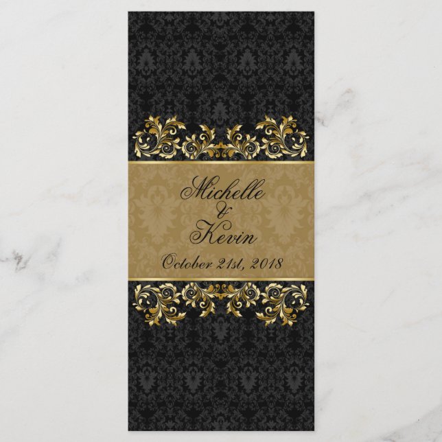 Leafy golden swirls, black damask Menu (Front)