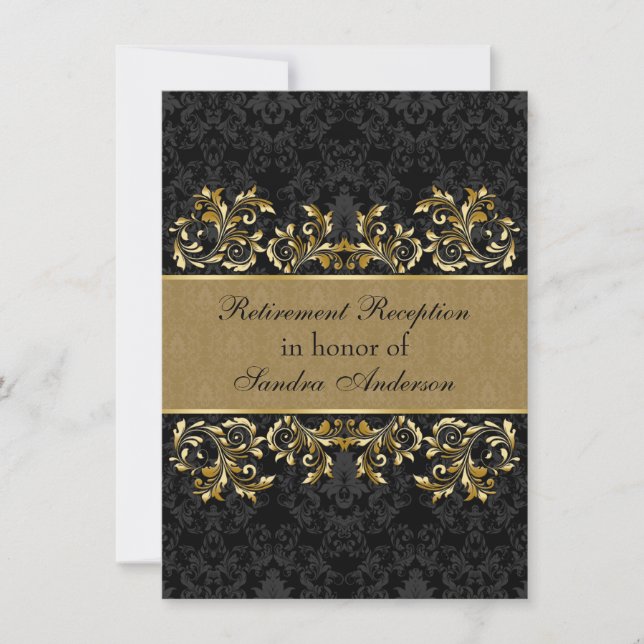 Leafy golden swirls, black damask Retirement Invitation (Front)