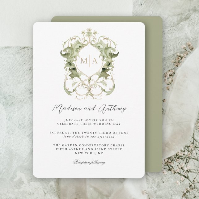 Leafy Green Botanical Wedding Crest with Monogram Invitation (Creator Uploaded)