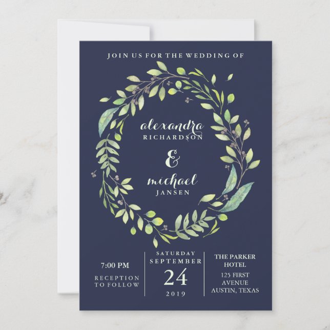 Leafy Green | Dark Blue Watercolor Wreath Wedding Invitation (Front)