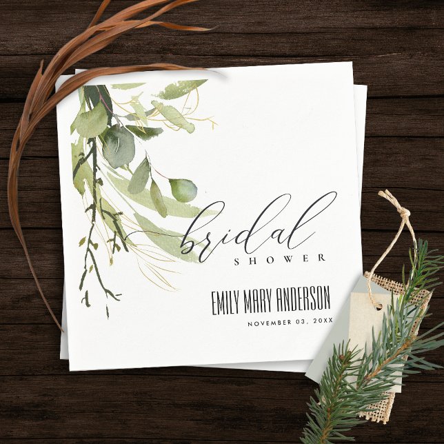 LEAFY GREEN GOLD FOLIAGE WATERCOLOR BRIDAL SHOWER NAPKIN (Creator Uploaded)