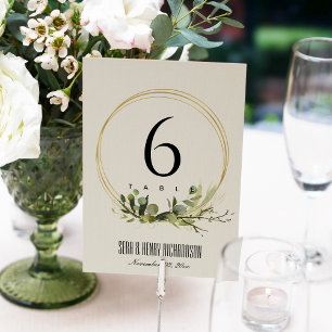 LEAFY GREEN GOLD FOLIAGE WREATH WATERCOLOR WEDDING TABLE NUMBER