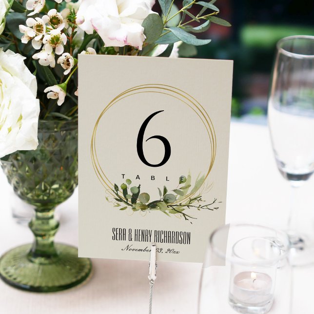 LEAFY GREEN GOLD FOLIAGE WREATH WATERCOLOR WEDDING TABLE NUMBER (Creator Uploaded)