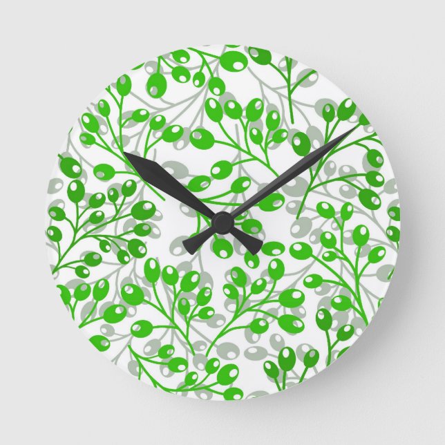 Leafy Green Pattern Modern Elegant Berries Round Clock (Front)