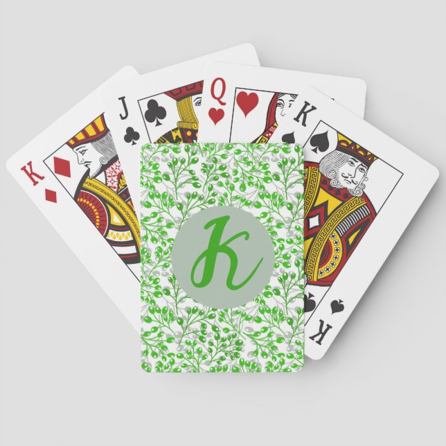 Leafy Green Pattern Modern Elegant Monogrammed Playing Cards (Back)