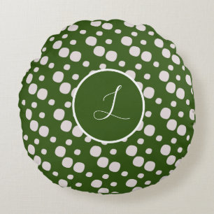 Leafy Green Pink Dots Initial Round Cushion