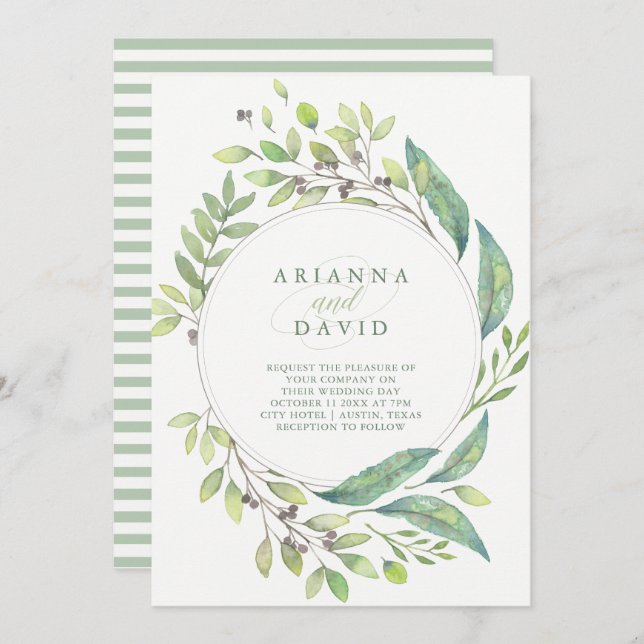 Leafy Green | Trendy Watercolor Frame Wedding Invitation (Front/Back)