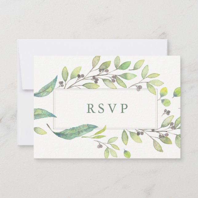 Leafy Green | Trendy Watercolor Frame Wedding RSVP Card (Front)