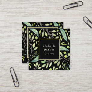 Leafy Green   Trendy Watercolor Pattern on Black Square Business Card