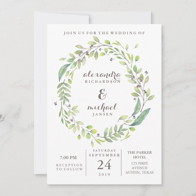 Leafy Green | Trendy Watercolor Wreath Wedding Invitation (Front)