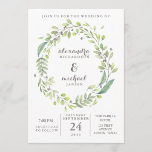 Leafy Green   Trendy Watercolor Wreath Wedding Invitation