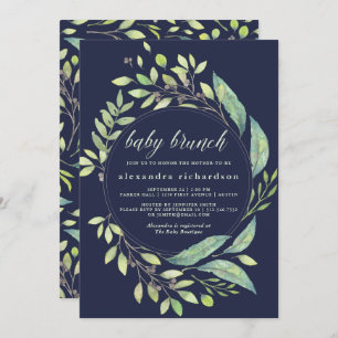 Leafy Green Watercolor Baby Brunch Dark Blue Invitation