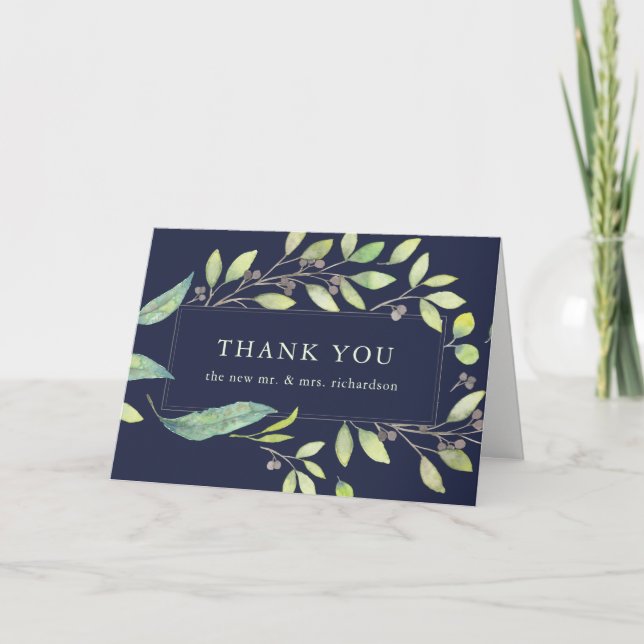 Leafy Green Watercolor | Midnight Blue Thank You (Front)