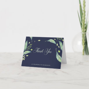 Leafy Green Watercolor Thank You Dark Blue Card