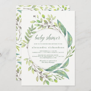 Leafy Green   Watercolor Wreath Baby Shower Invitation