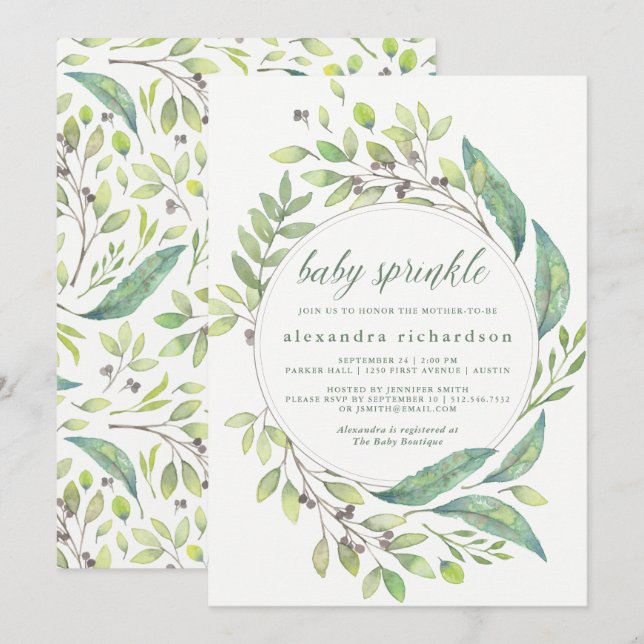 Leafy Green | Watercolor Wreath Baby Sprinkle Invitation (Front/Back)