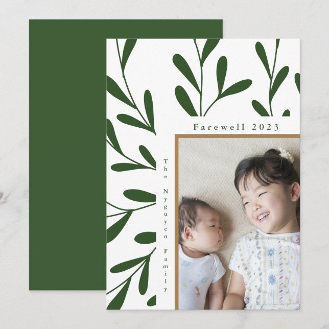 Leafy Green White Frame Photo Farewell 2023 Holiday Card (Front/Back)