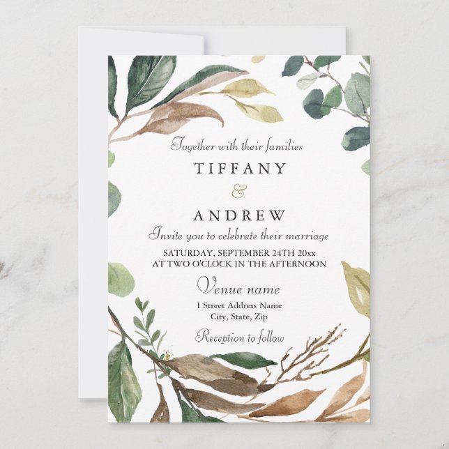 Leafy Green Wreath Elegant Modern Wedding Invitation (Front)