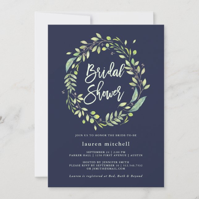 Leafy Green Wreath | Midnight Blue Bridal Shower Invitation (Front)