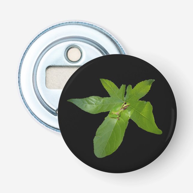 "Leafy Haven: A Small Green Frog on a Grape Leaf" Bottle Opener (Front)