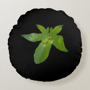 "Leafy Haven: A Small Green Frog on a Grape Leaf" Round Cushion