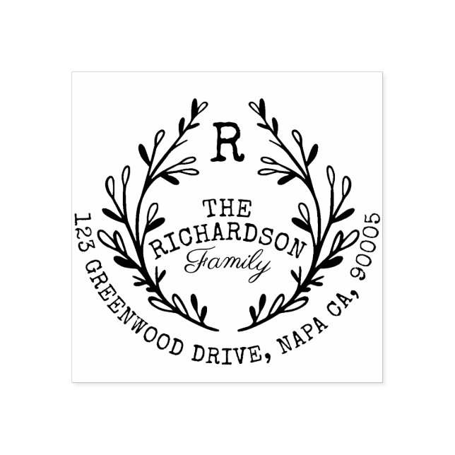 Leafy Laurel Branch Wreath Monogram Family Address Rubber Stamp (Imprint)