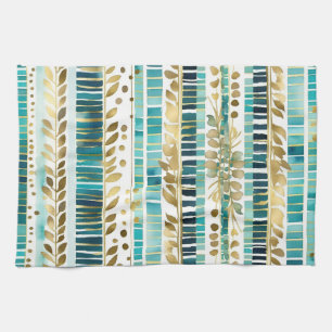 Leafy mix and match stripes teal and gold tea towel