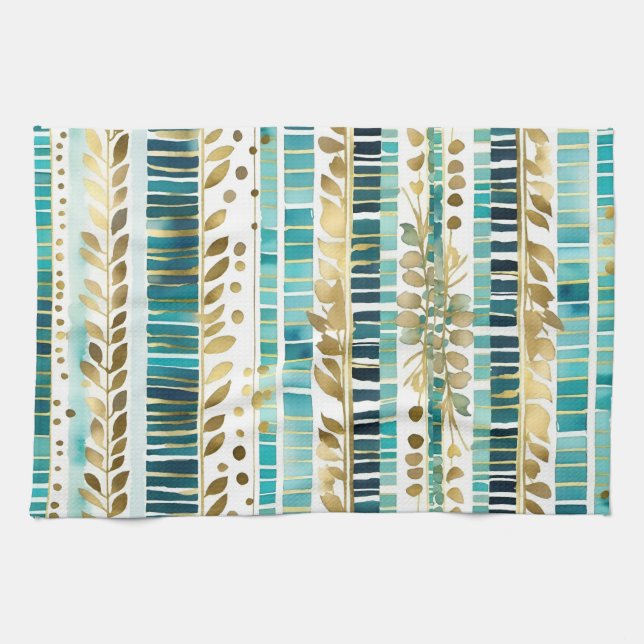 Leafy mix and match stripes teal and gold tea towel (Horizontal)