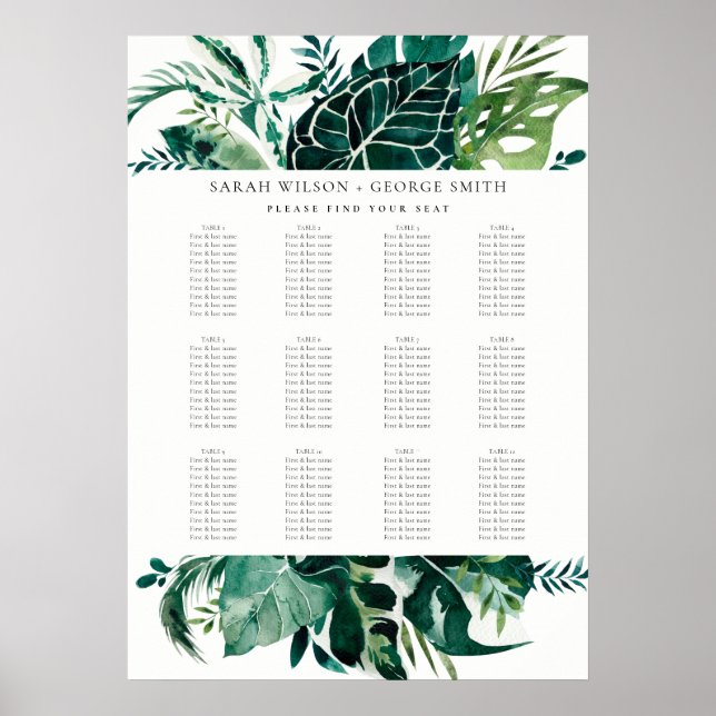 Leafy Monstera Green Fauna Wedding Seating Chart (Front)