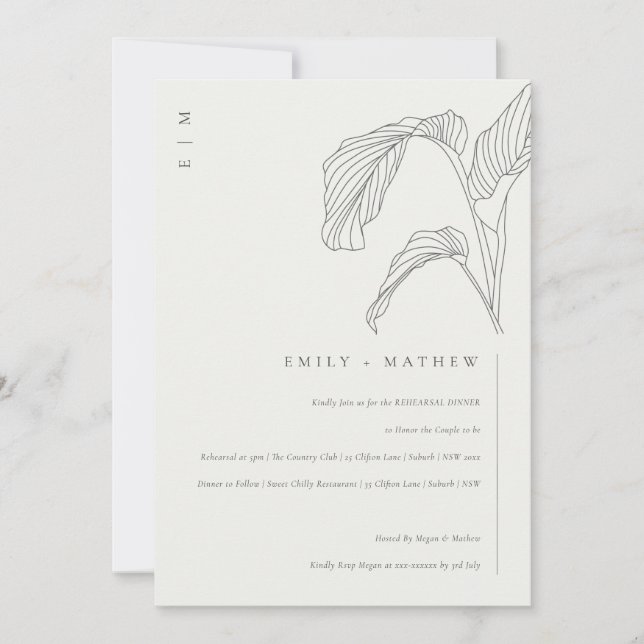Leafy Palm Black White Rehearsal Dinner Invite (Front)