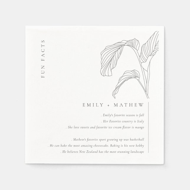 Leafy Palm Sketch Black White Wedding Fun Facts Napkin (Front)