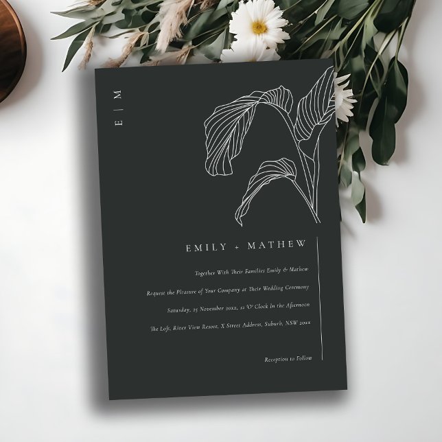 Leafy Palm Sketch Black White Wedding Invite (Creator Uploaded)
