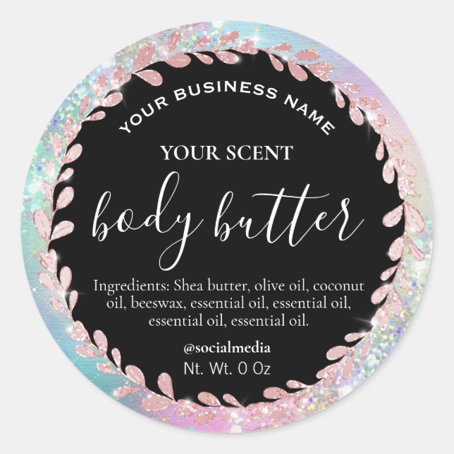 Leafy Pastel Pink Blue Glitter Body Butter Labels (Front)