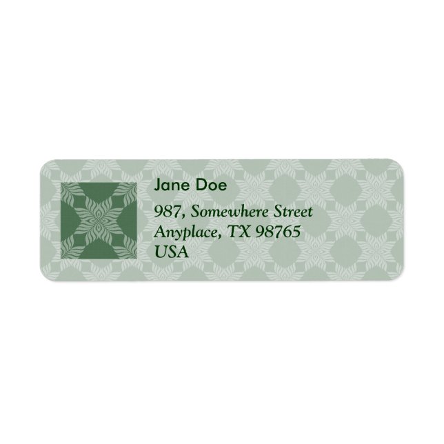 Leafy pattern on olive green return address label (Front)