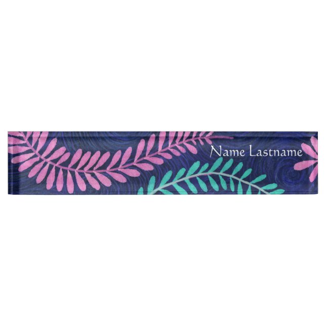 Leafy Pink and Aqua Desk Nameplate (Front)
