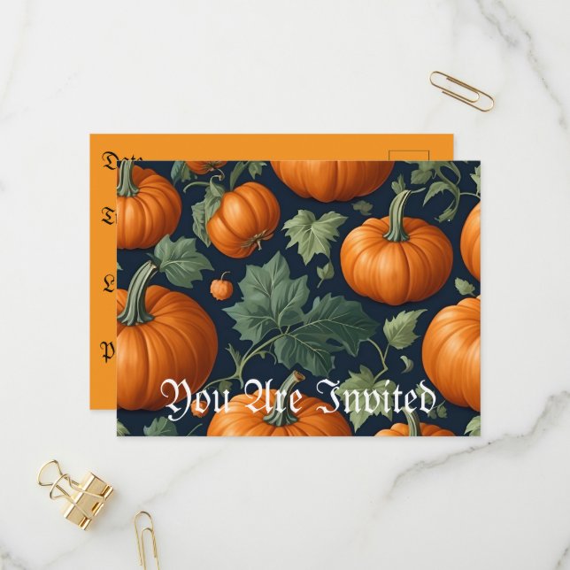 Leafy Pumpkin Patch Invitation Postcard (Front/Back In Situ)