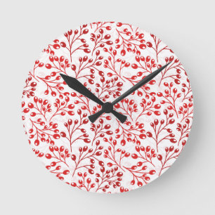Leafy Red Pattern Modern Elegant Berries Round Clock