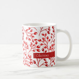 Leafy Red Pattern Modern Elegant Custom Name  Coffee Mug