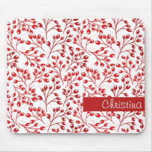 Leafy Red Pattern Modern Elegant Custom Name  Mouse Pad