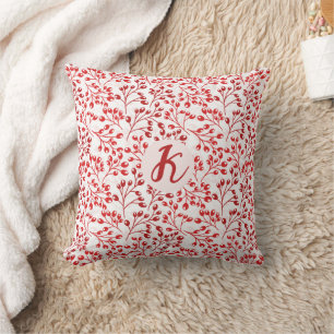Leafy Red Pattern Modern Elegant Monogrammed Cushion
