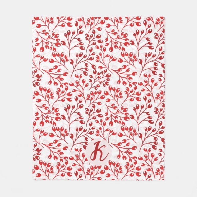 Leafy Red Pattern Modern Elegant Monogrammed Fleece Blanket (Front)
