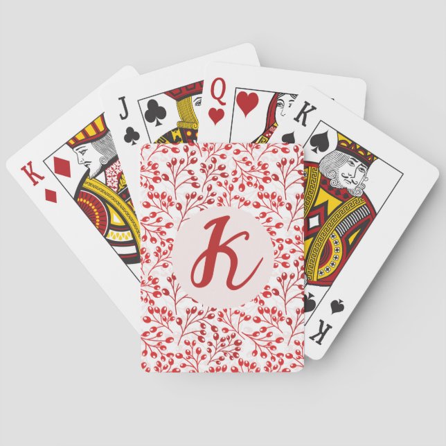 Leafy Red Pattern Modern Elegant Monogrammed Playing Cards (Back)