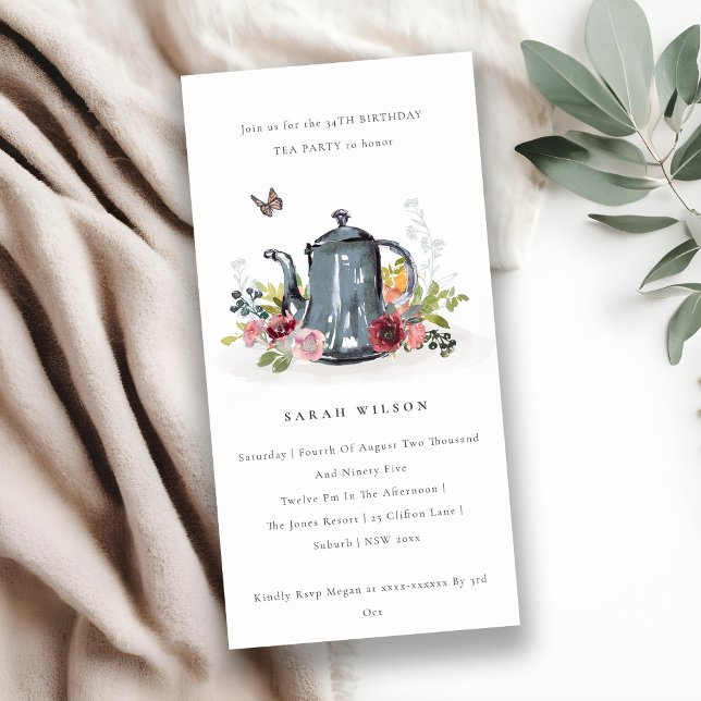 Leafy Rose Floral Teapot Any Age Birthday Invite (Creator Uploaded)