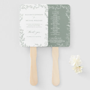 Leafy Sage Green Elegant Monogram Wedding Program Hand Fan