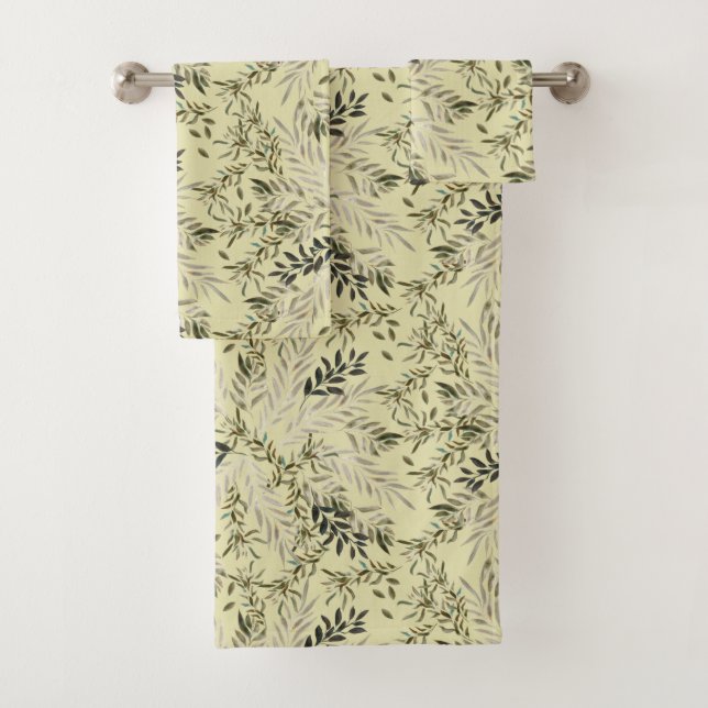 Leafy Shades Botanical Khaki Bath Towels (Insitu)