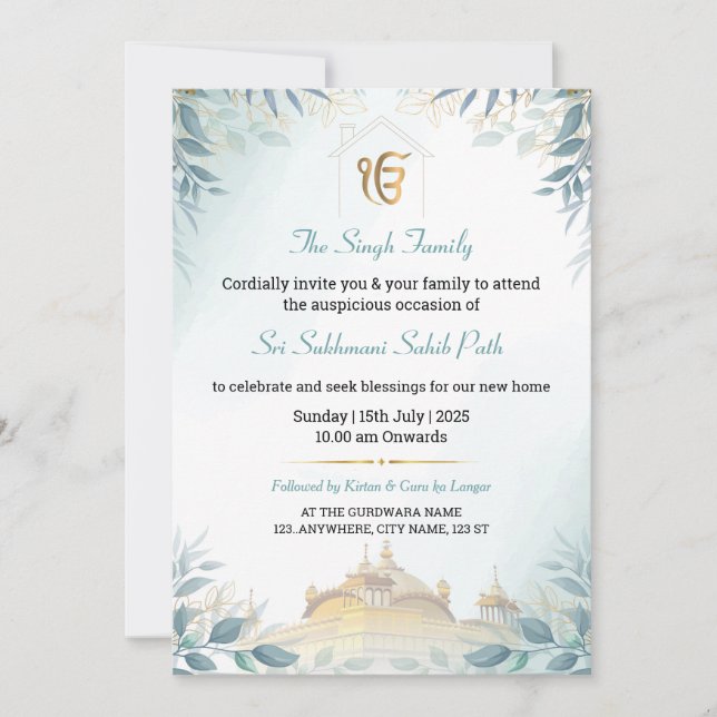 Leafy Sikh Housewarming Invitation (Front)