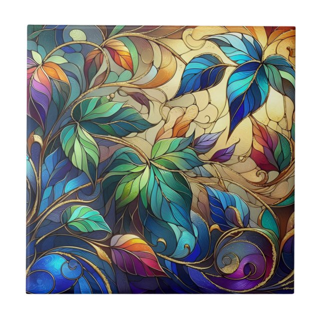 Leafy stained glass look  ceramic tile (Front)
