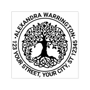 Leafy Tree with Roots Round Name Return Address Self-inking Stamp