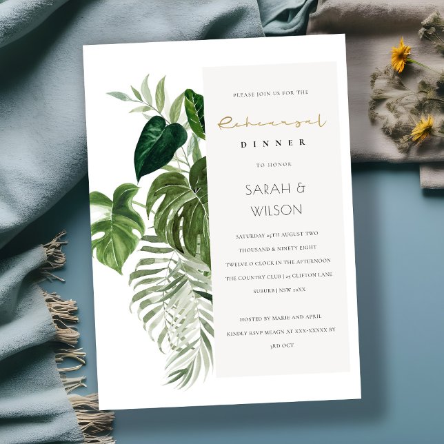 Leafy Tropical Palm Foliage Rehearsal Diner Invite (Creator Uploaded)